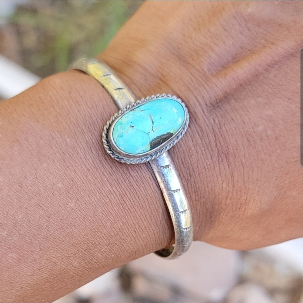 Native American Handmade Oval Sky Blue turquoise With Black Matrix Cuff